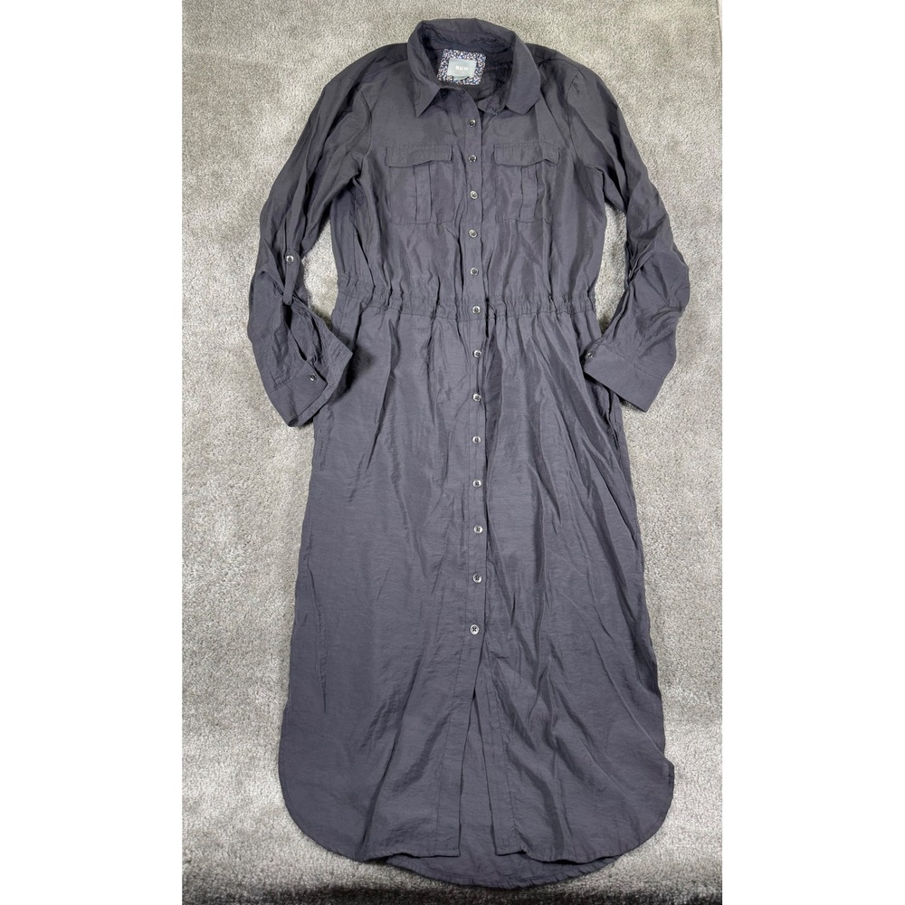 Maeve Anthropologie Charcoal Grey Button Down Shirt Dress Drawstring Size 6